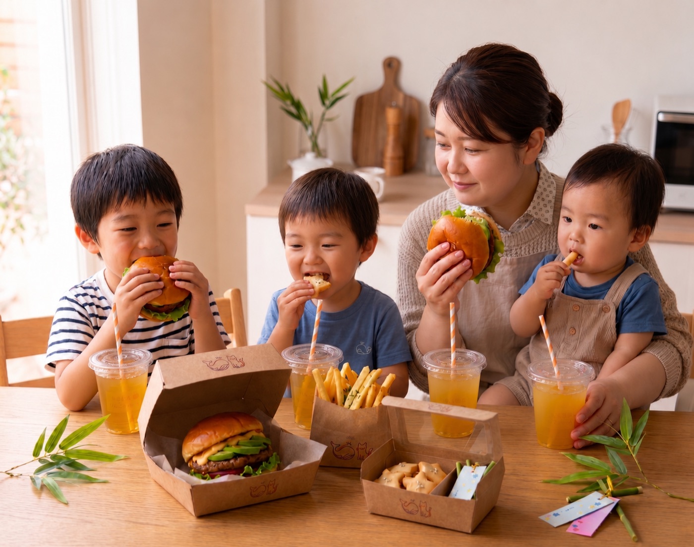 デリバリーのハンバーガーを楽しむ家族